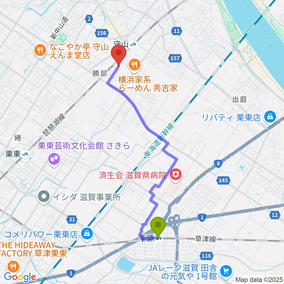手原駅から京滋ピアノ調律 / スティマー・ザールへのルートマップ地図