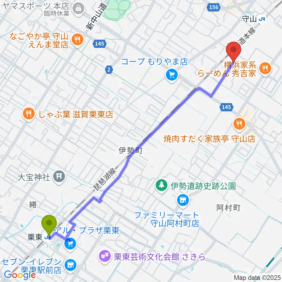 栗東駅から京滋ピアノ調律 / スティマー・ザールへのルートマップ地図