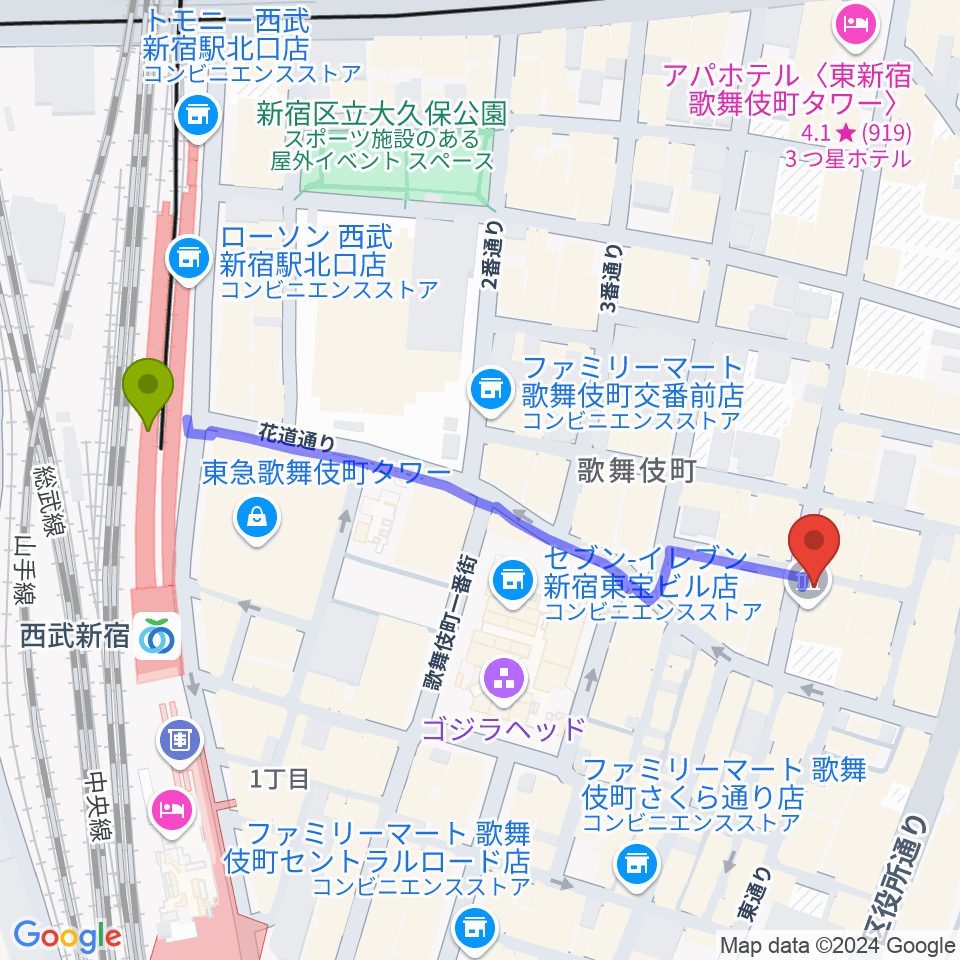 新宿club SCIENCEの最寄駅西武新宿駅からの徒歩ルート（約6分）地図