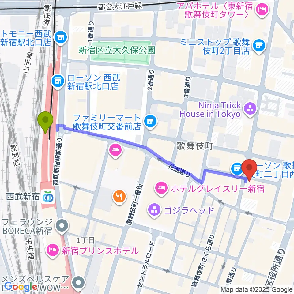 新宿club SCIENCEの最寄駅西武新宿駅からの徒歩ルート（約6分）地図
