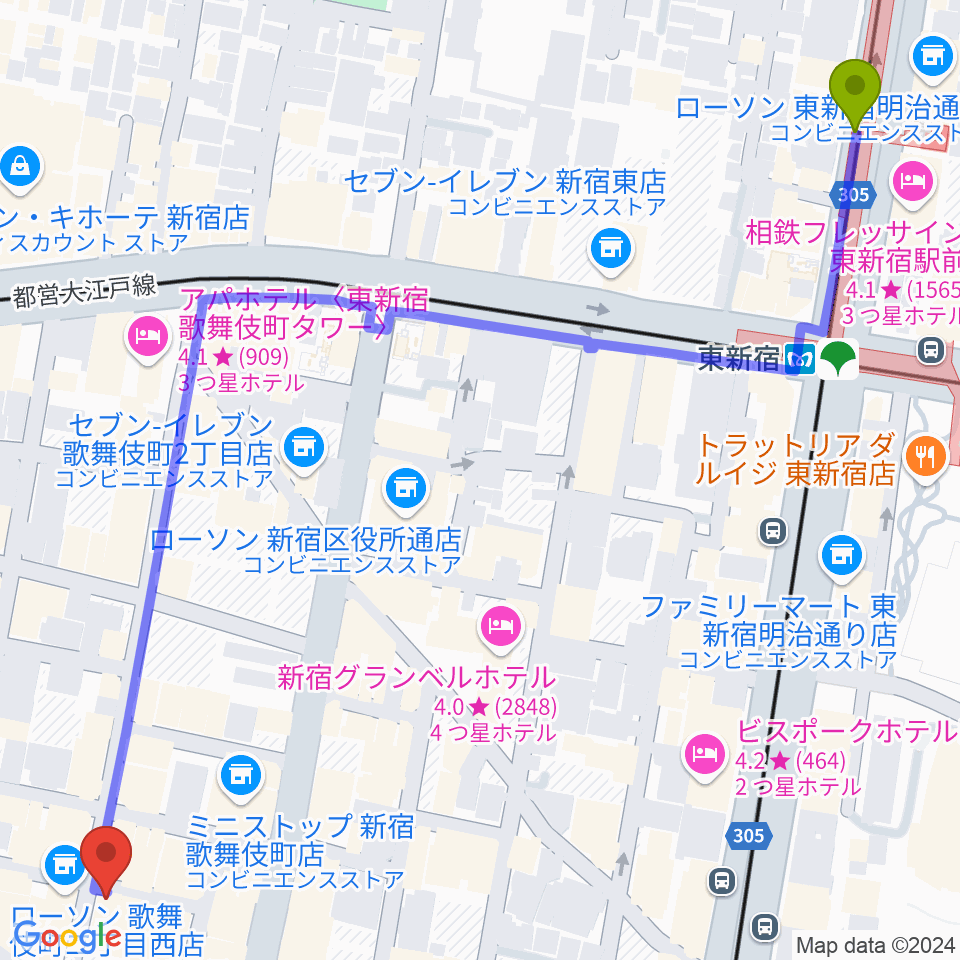 東新宿駅から新宿club SCIENCEへのルートマップ地図