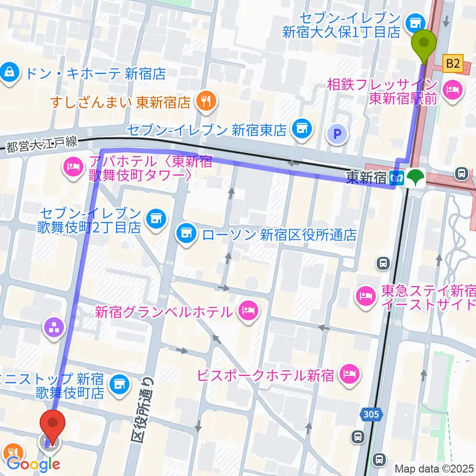 東新宿駅から新宿club SCIENCEへのルートマップ地図