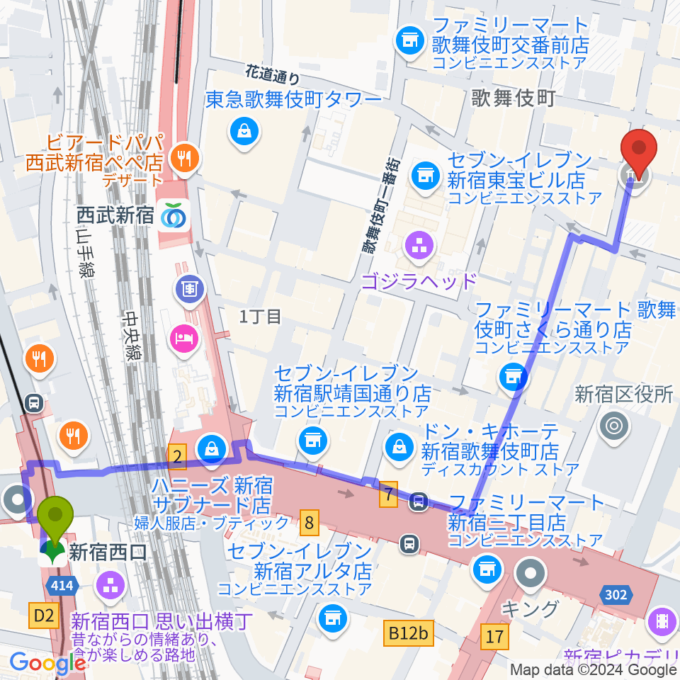 新宿西口駅から新宿club SCIENCEへのルートマップ地図