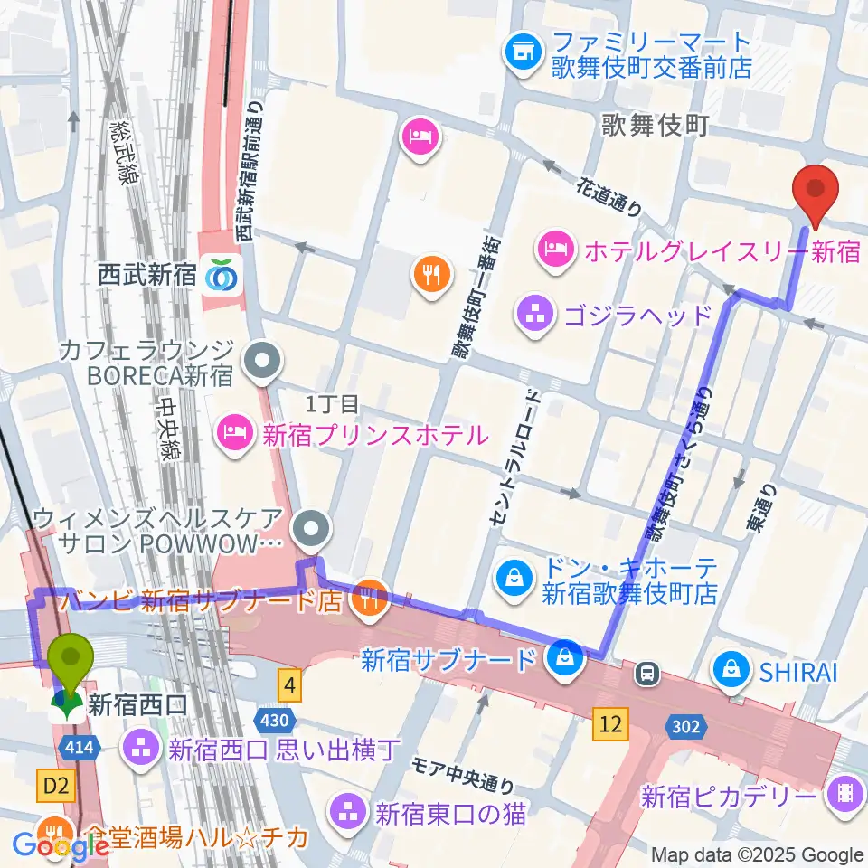 新宿西口駅から新宿club SCIENCEへのルートマップ地図
