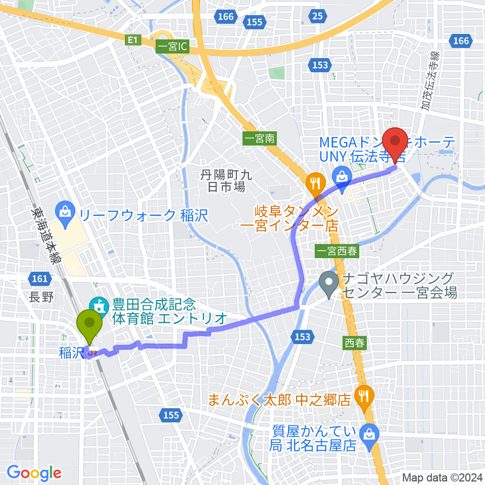 稲沢駅から一宮Denpo-G Studioへのルートマップ地図