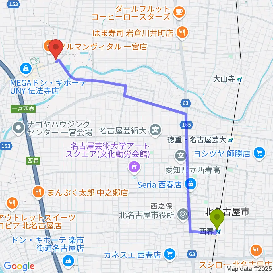 西春駅から一宮Denpo-G Studioへのルートマップ地図