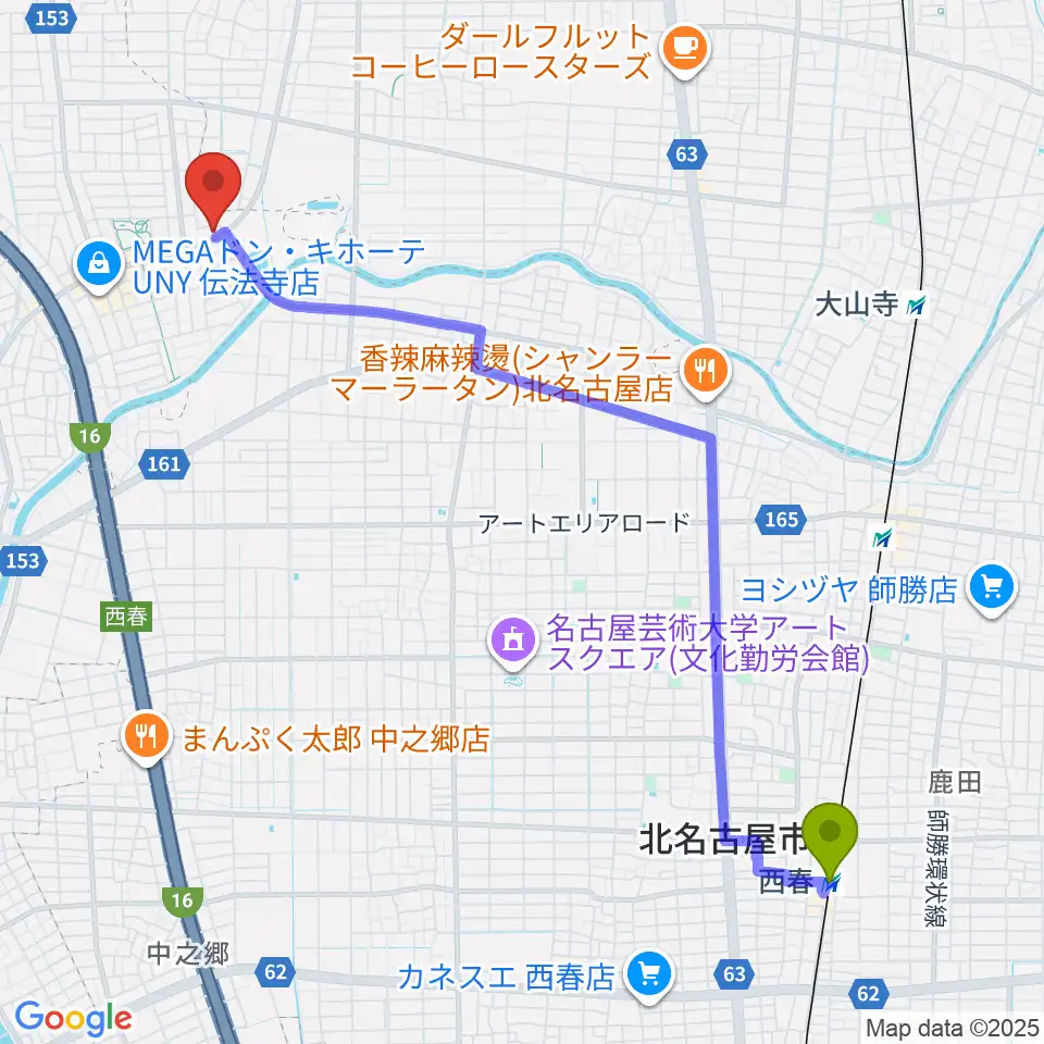 西春駅から一宮Denpo-G Studioへのルートマップ地図