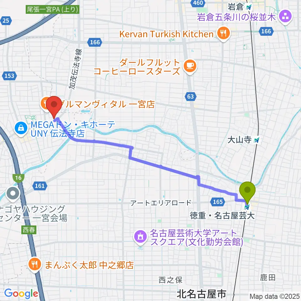 徳重・名古屋芸大駅から一宮Denpo-G Studioへのルートマップ地図