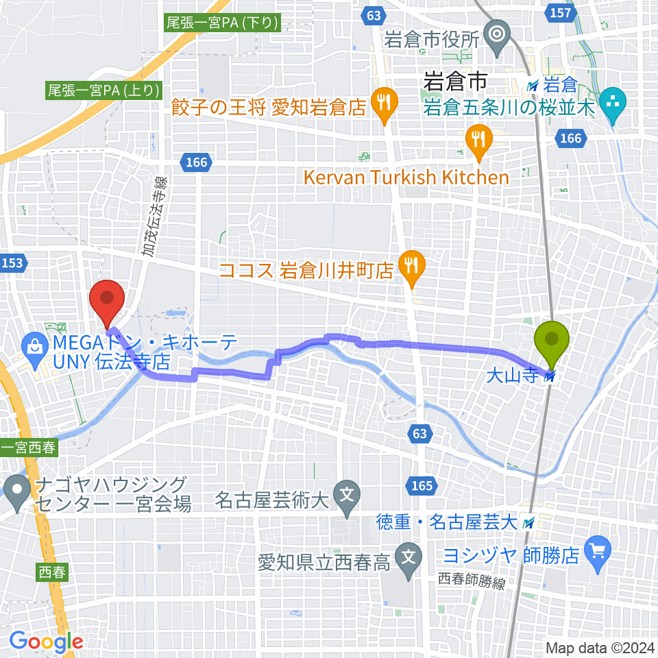 一宮Denpo-G Studioの最寄駅大山寺駅からの徒歩ルート（約42分）地図