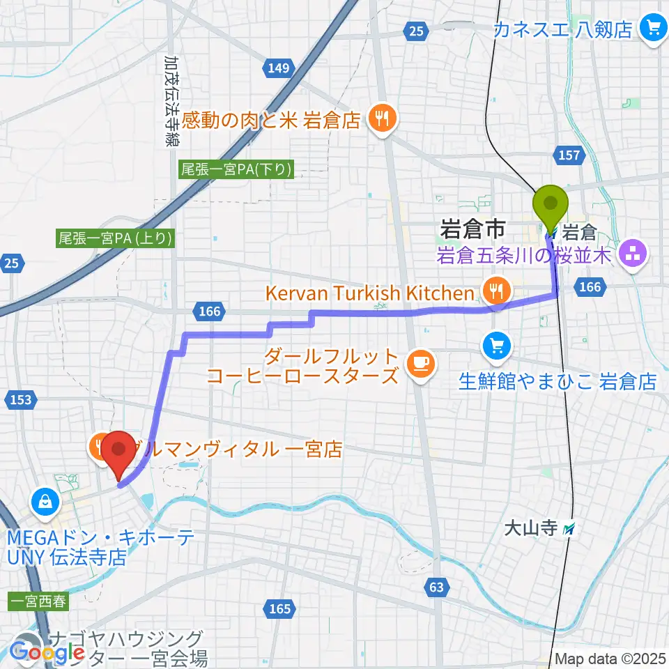 岩倉駅から一宮Denpo-G Studioへのルートマップ地図