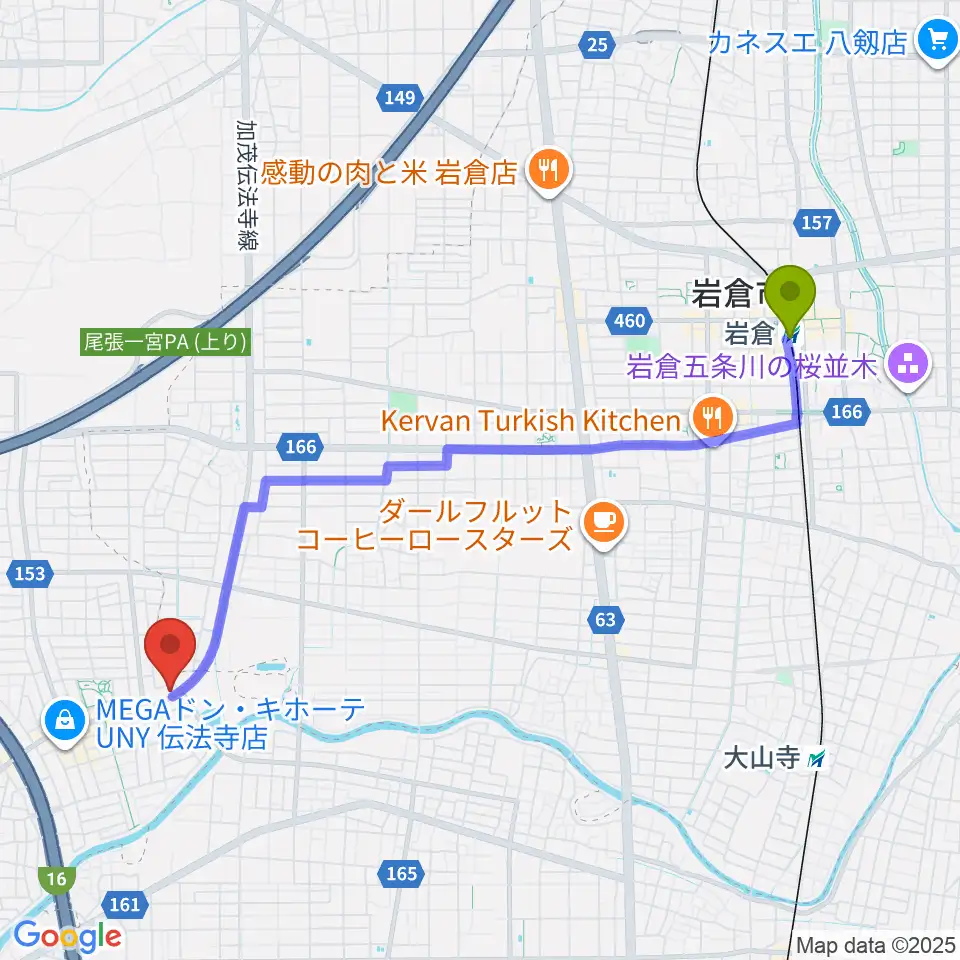 岩倉駅から一宮Denpo-G Studioへのルートマップ地図