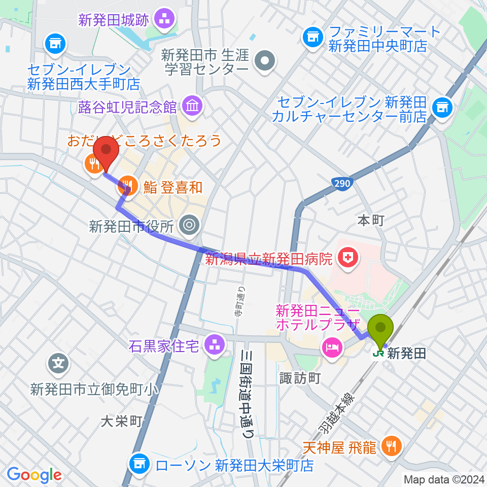 新発田ジャズ喫茶BIRDの最寄駅新発田駅からの徒歩ルート（約20分）地図