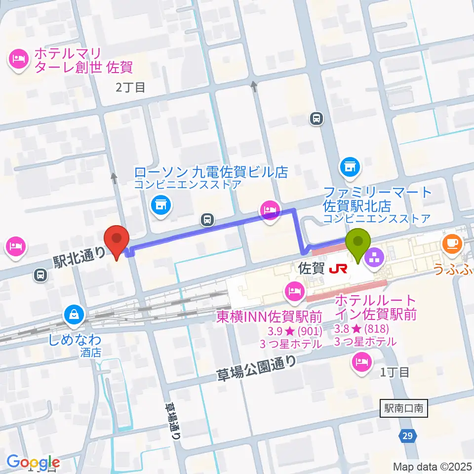 小川楽器 佐賀店の最寄駅佐賀駅からの徒歩ルート（約4分）地図