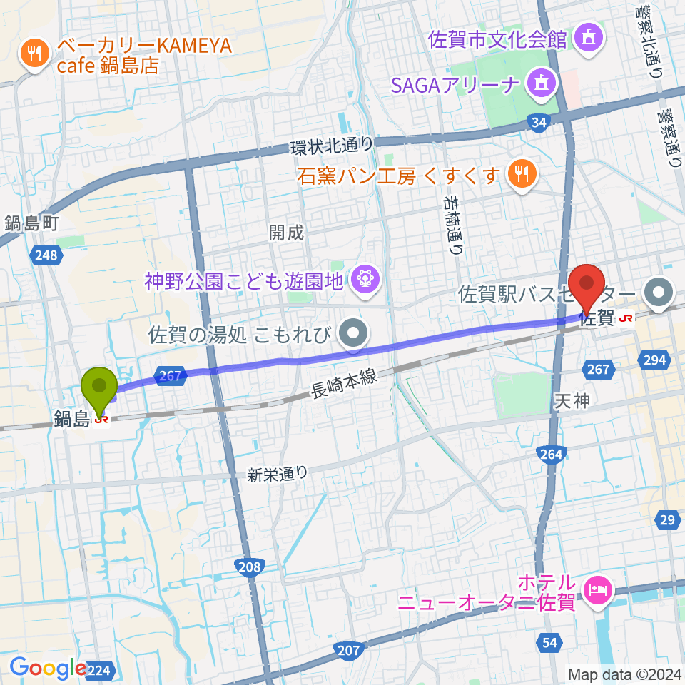 鍋島駅から小川楽器 佐賀店へのルートマップ地図