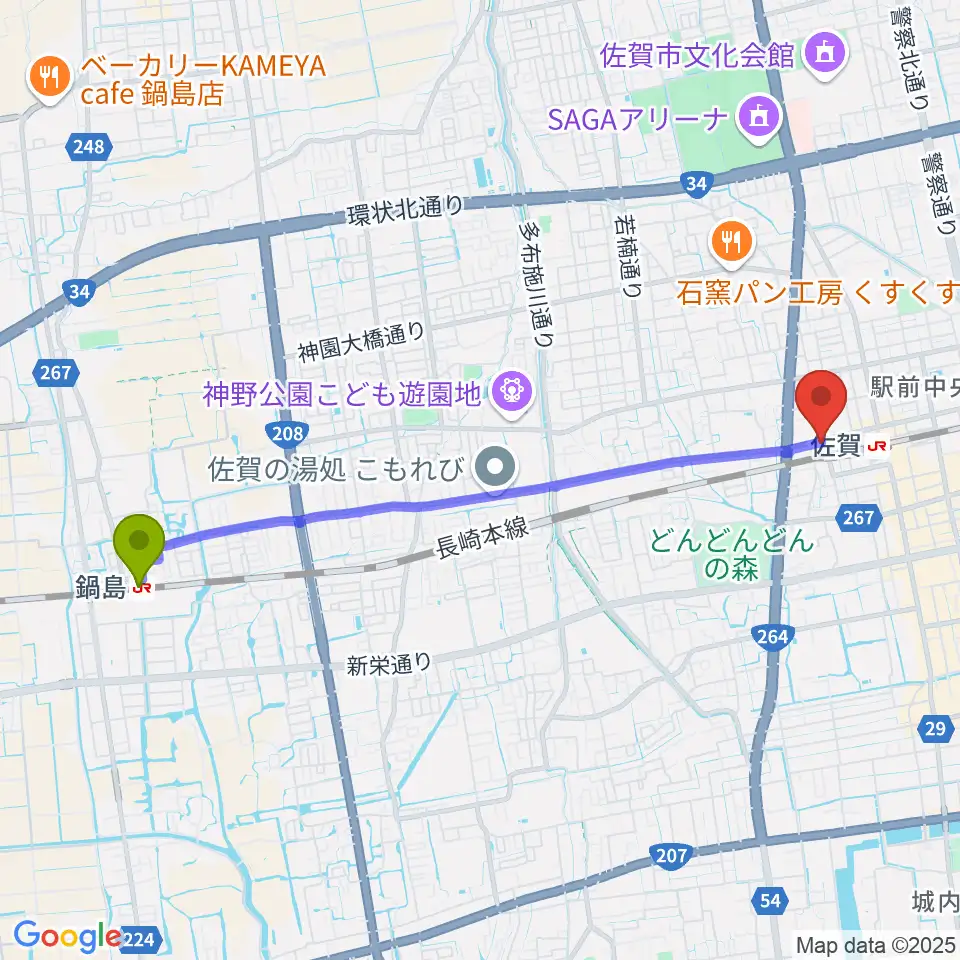鍋島駅から小川楽器 佐賀店へのルートマップ地図