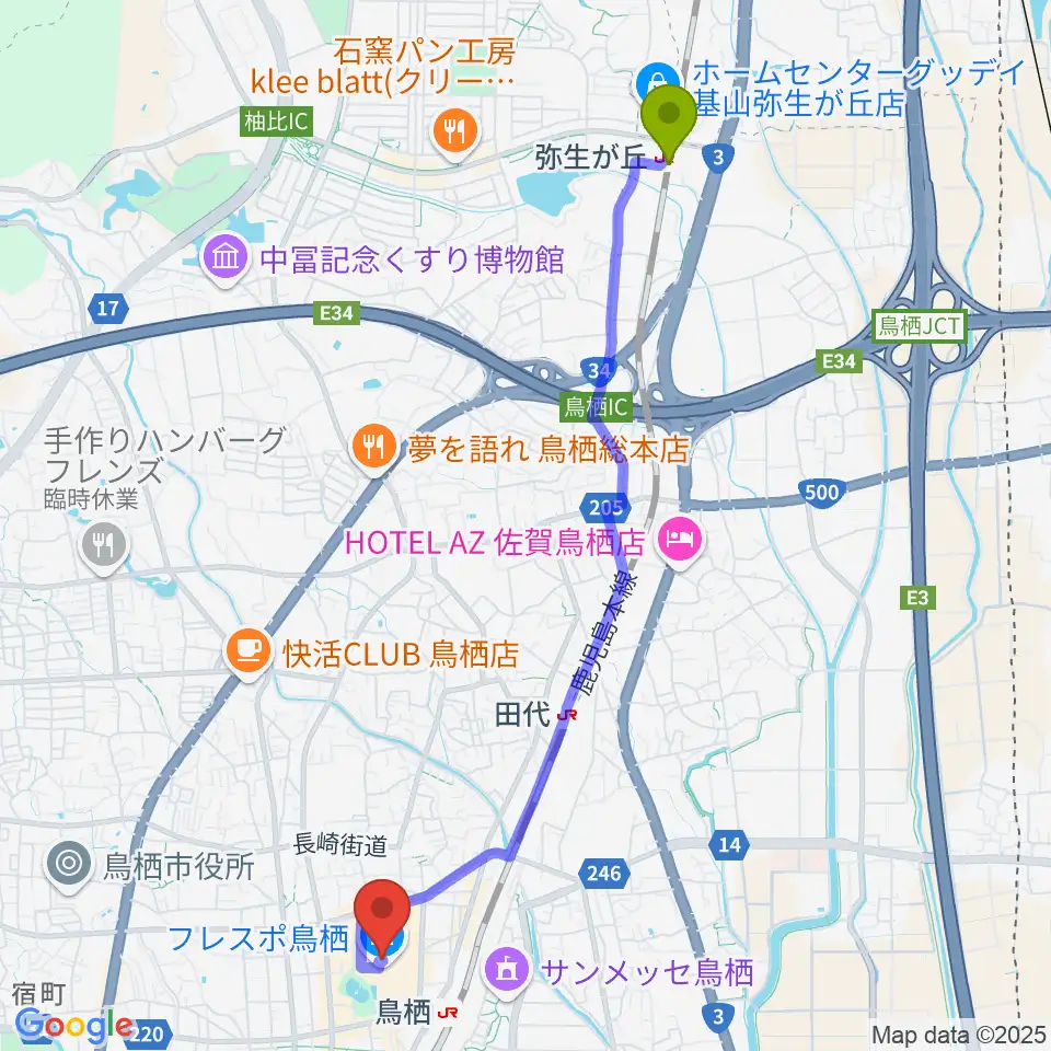 弥生が丘駅から小川楽器 鳥栖店へのルートマップ地図