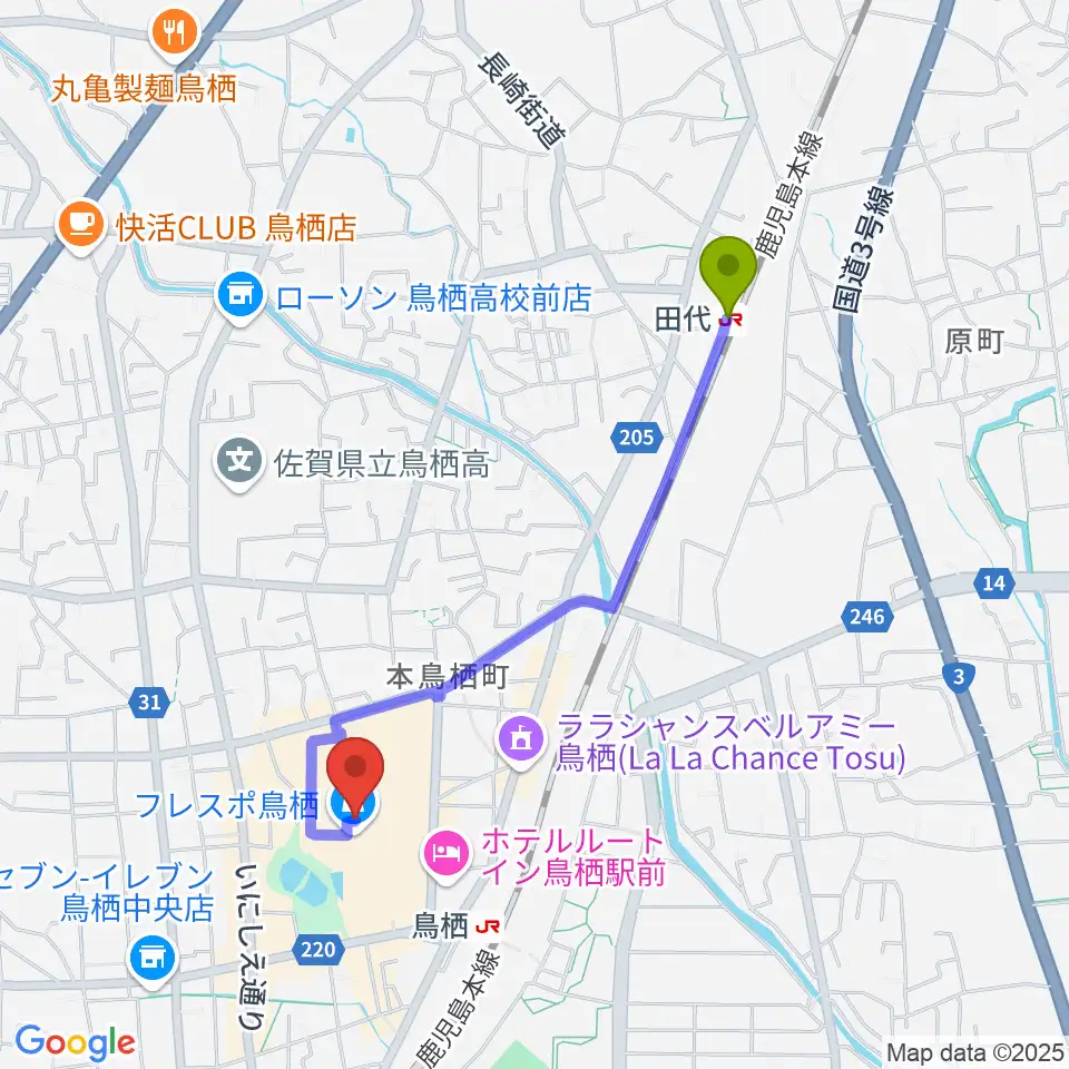 田代駅から小川楽器 鳥栖店へのルートマップ地図