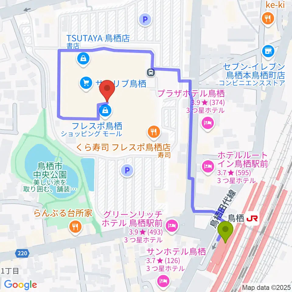 小川楽器 鳥栖店の最寄駅鳥栖駅からの徒歩ルート（約5分）地図