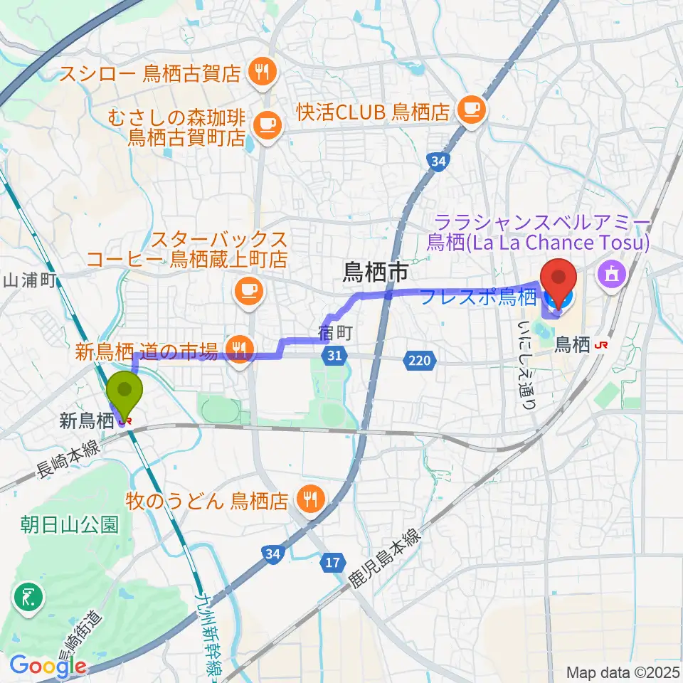 新鳥栖駅から小川楽器 鳥栖店へのルートマップ地図