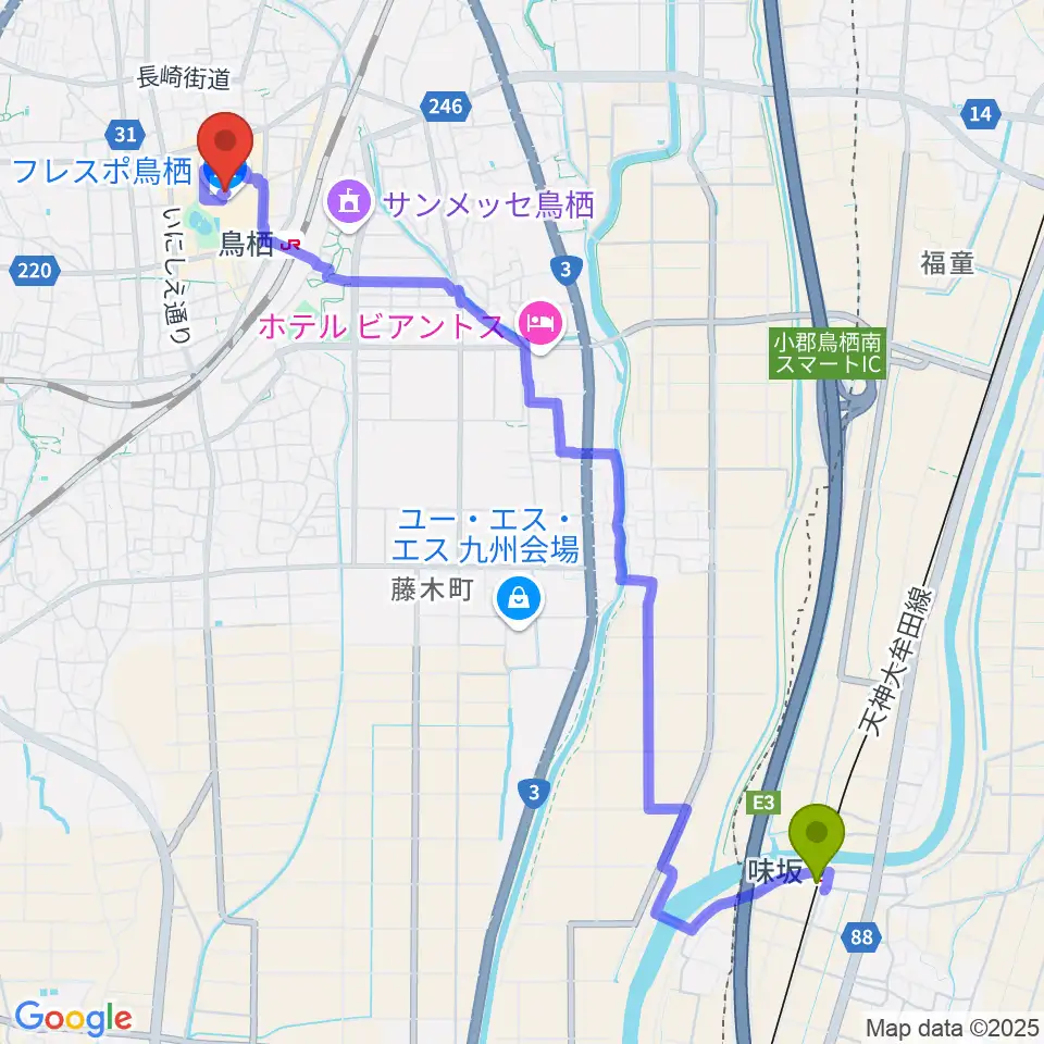 味坂駅から小川楽器 鳥栖店へのルートマップ地図