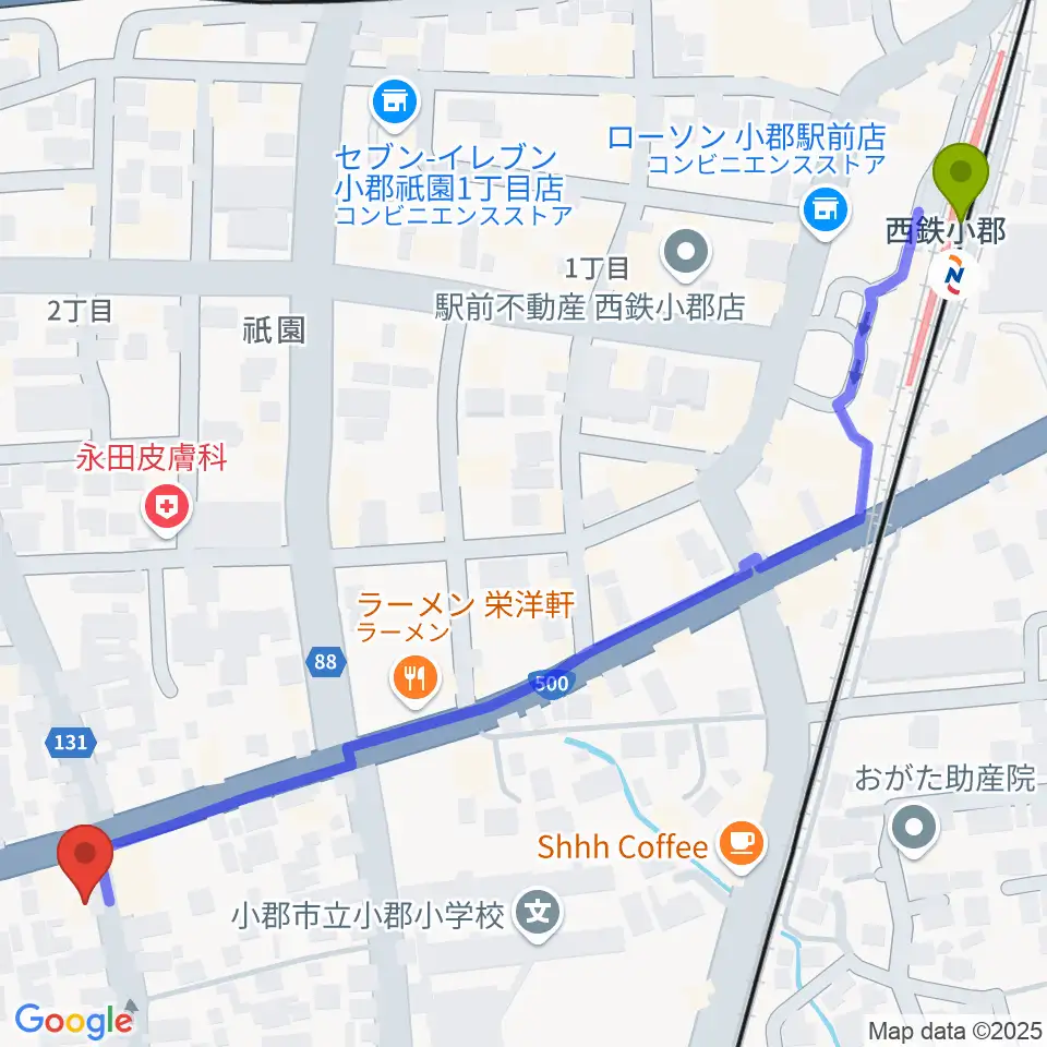 小川楽器 小郡店の最寄駅西鉄小郡駅からの徒歩ルート（約8分）地図