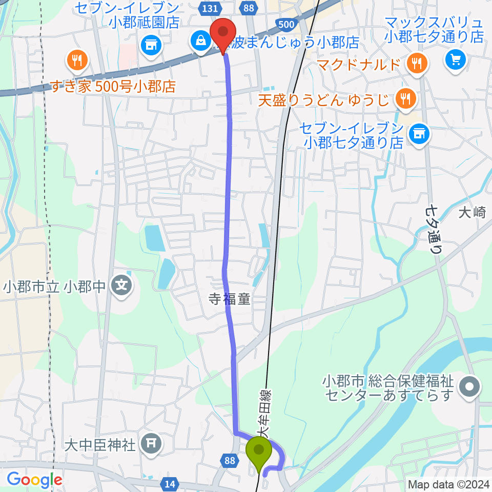 端間駅から小川楽器 小郡店へのルートマップ地図