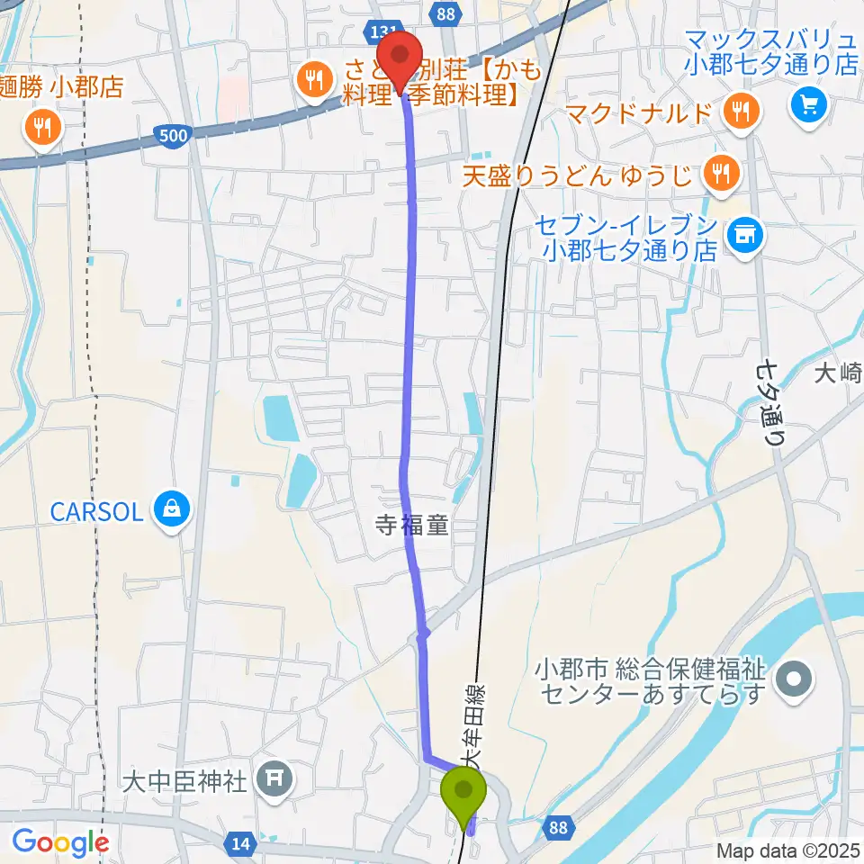 端間駅から小川楽器 小郡店へのルートマップ地図