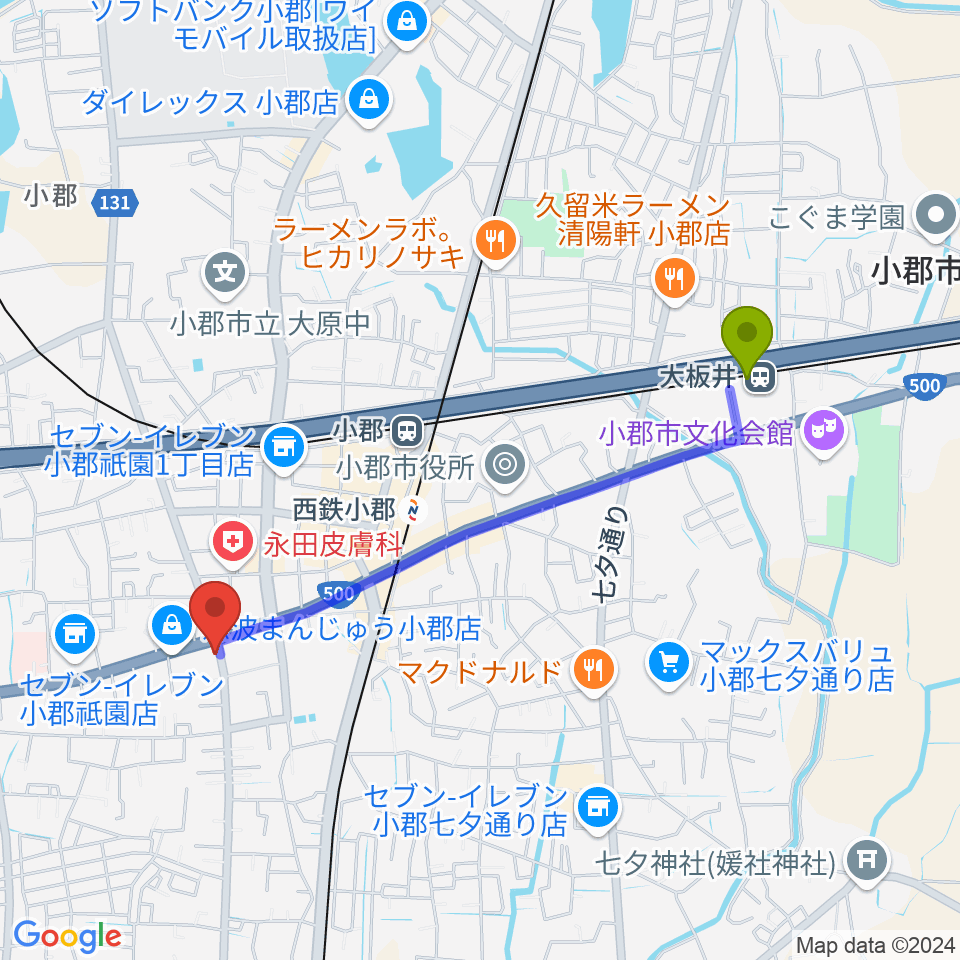 大板井駅から小川楽器 小郡店へのルートマップ地図