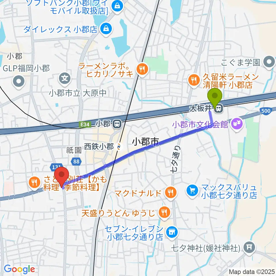 大板井駅から小川楽器 小郡店へのルートマップ地図