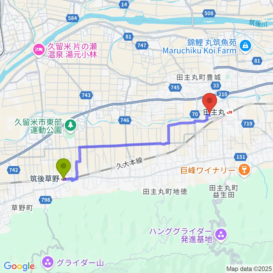 筑後草野駅から田主丸複合文化施設そよ風ホールへのルートマップ地図