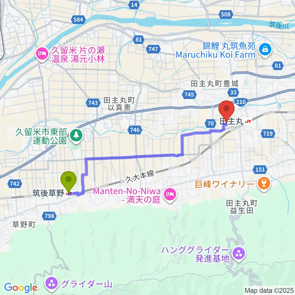 筑後草野駅から田主丸複合文化施設そよ風ホールへのルートマップ地図