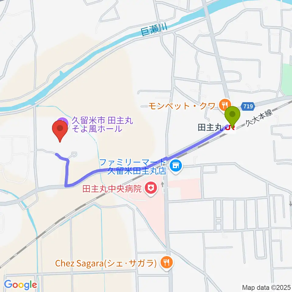 田主丸複合文化施設そよ風ホールの最寄駅田主丸駅からの徒歩ルート（約9分）地図