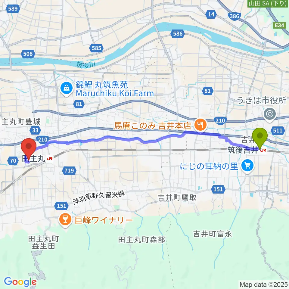 筑後吉井駅から田主丸複合文化施設そよ風ホールへのルートマップ地図