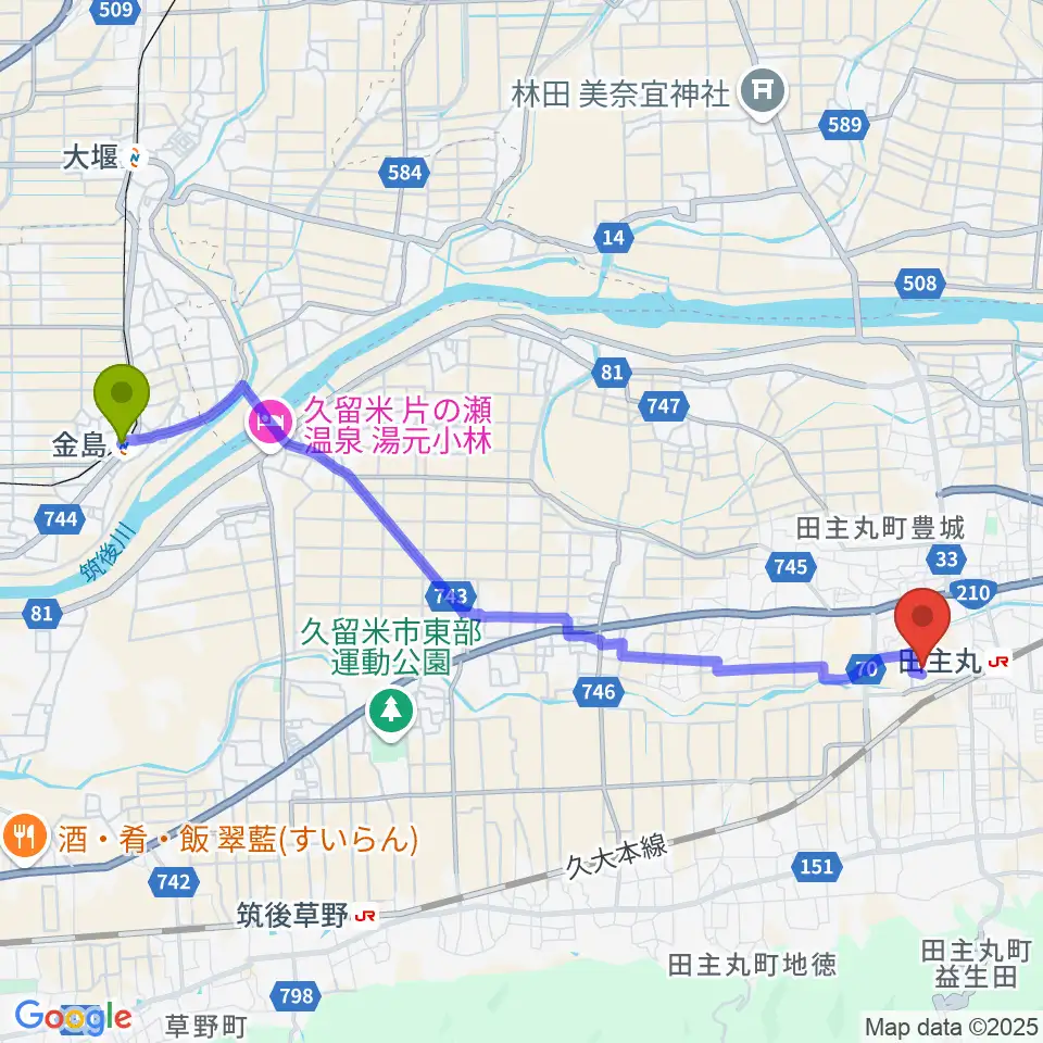 金島駅から田主丸複合文化施設そよ風ホールへのルートマップ地図