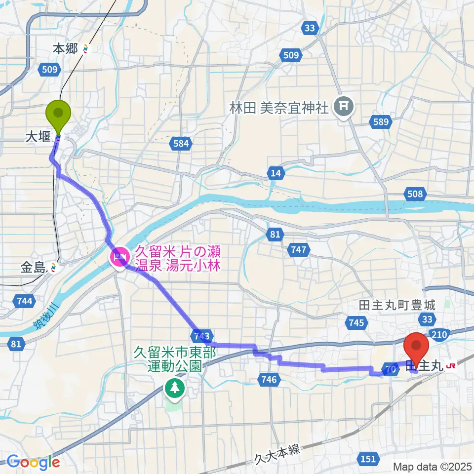 大堰駅から田主丸複合文化施設そよ風ホールへのルートマップ地図