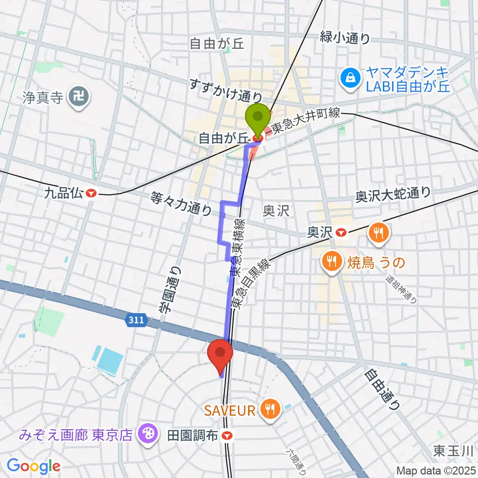 自由が丘駅からピアノスタジオノア 田園調布店へのルートマップ地図