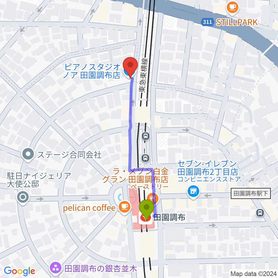 ピアノスタジオノア 田園調布店の最寄駅田園調布駅からの徒歩ルート（約4分）地図