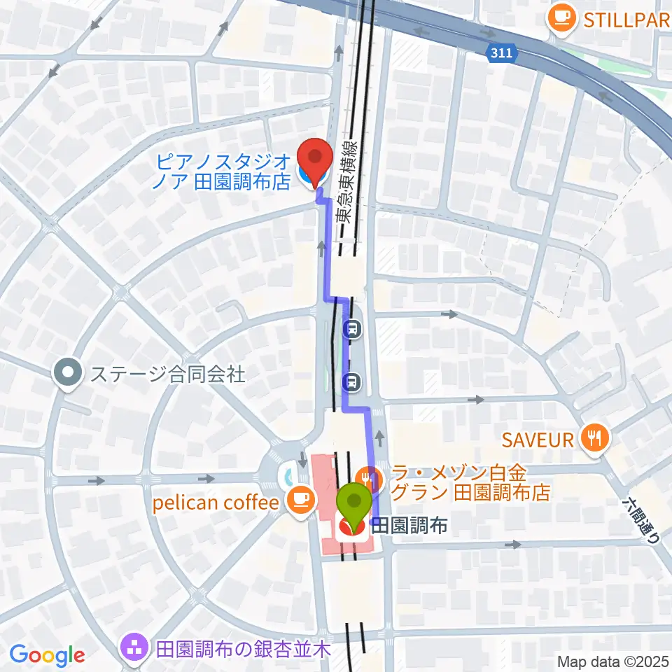 ピアノスタジオノア 田園調布店の最寄駅田園調布駅からの徒歩ルート（約4分）地図