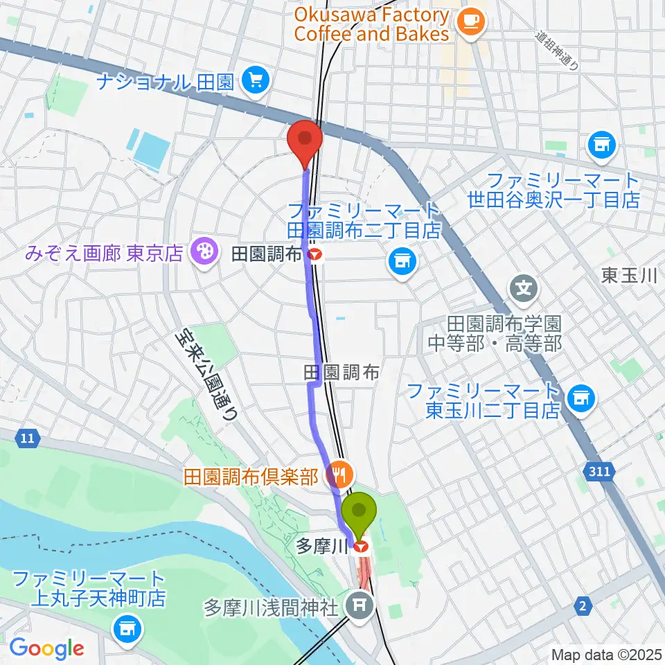 多摩川駅からピアノスタジオノア 田園調布店へのルートマップ地図