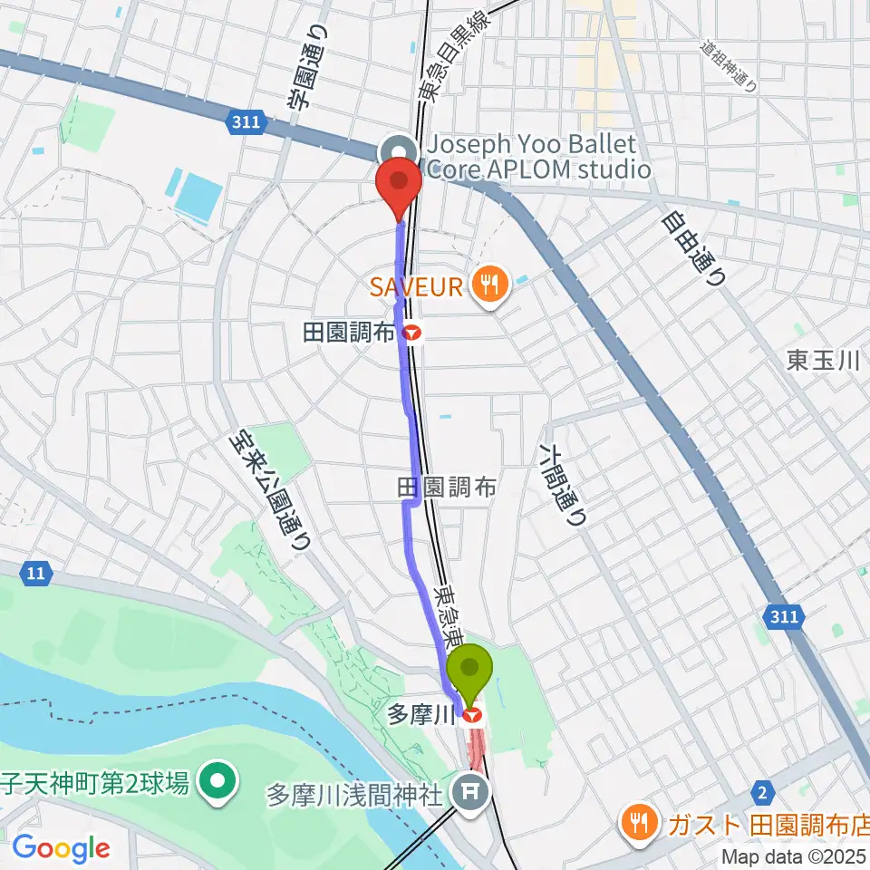 多摩川駅からピアノスタジオノア 田園調布店へのルートマップ地図