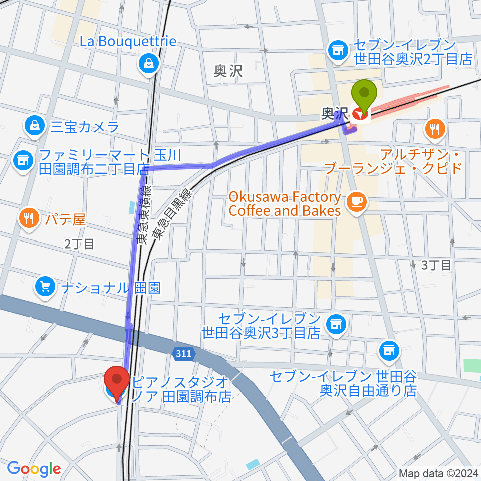 奥沢駅からピアノスタジオノア 田園調布店へのルートマップ地図