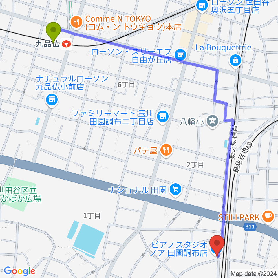 九品仏駅からピアノスタジオノア 田園調布店へのルートマップ地図