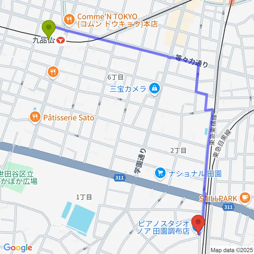 九品仏駅からピアノスタジオノア 田園調布店へのルートマップ地図