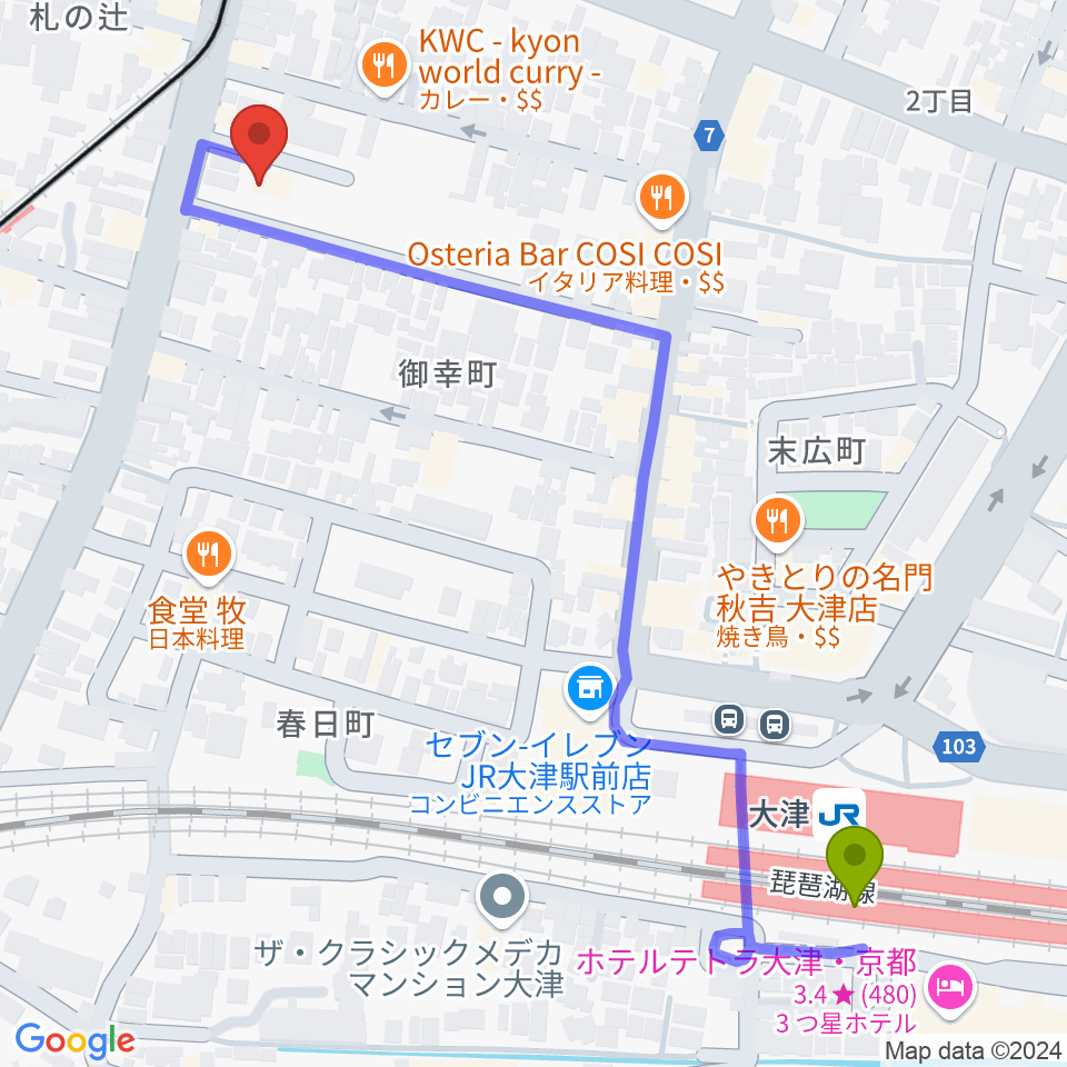 大津駅から奏美ホールへのルートマップ地図