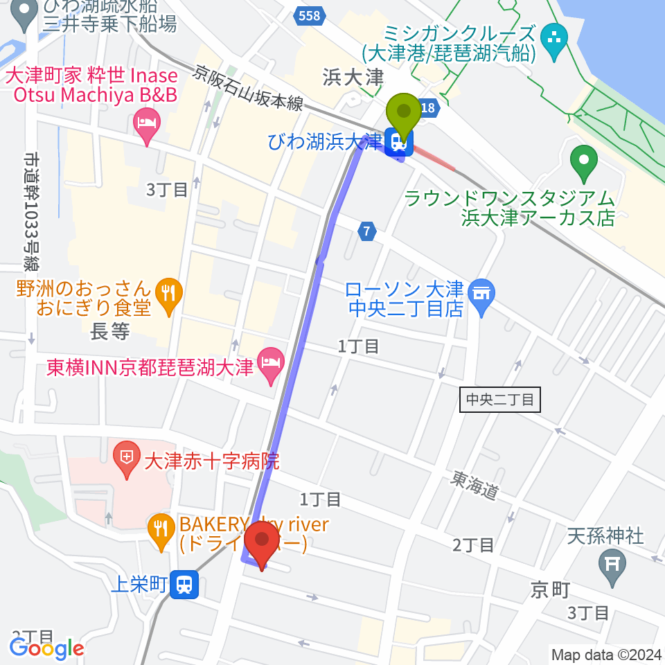 びわ湖浜大津駅から奏美ホールへのルートマップ地図