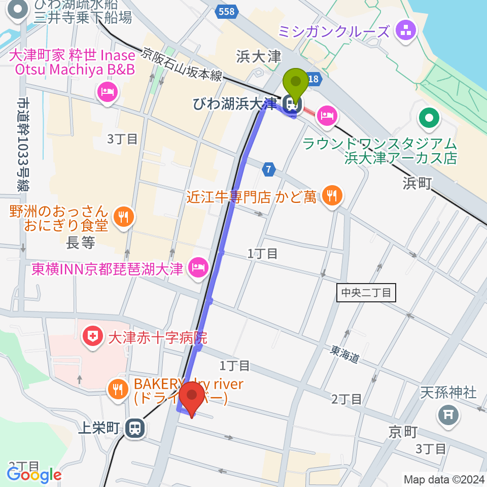 びわ湖浜大津駅から奏美ホールへのルートマップ地図