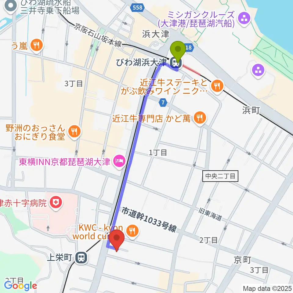 びわ湖浜大津駅から奏美ホールへのルートマップ地図