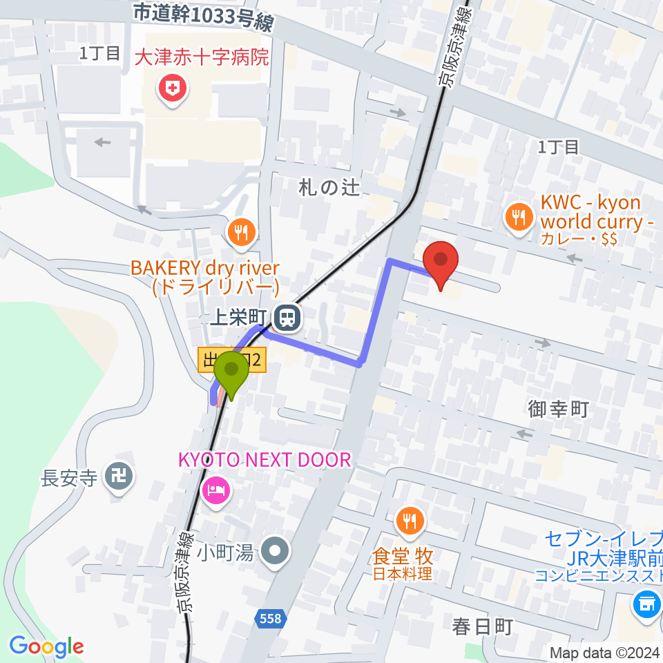 奏美ホールの最寄駅上栄町駅からの徒歩ルート（約3分）地図