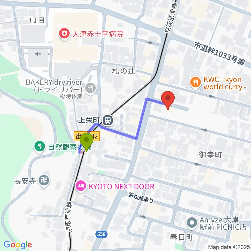 奏美ホールの最寄駅上栄町駅からの徒歩ルート（約3分）地図