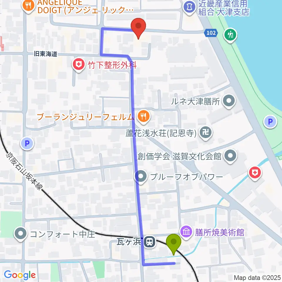 瓦ヶ浜駅から大津市フィガロホールへのルートマップ地図